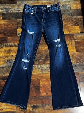 Women's Dark Blue Distressed Flare Jeans